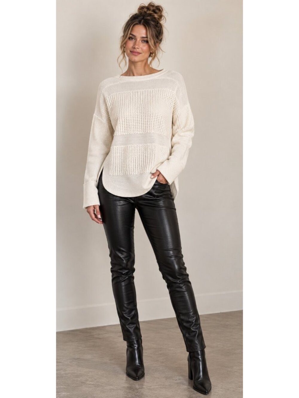Helmut Lang Ivory Textured Knit Sweater Small Minimalist Quiet Luxury Side Slit